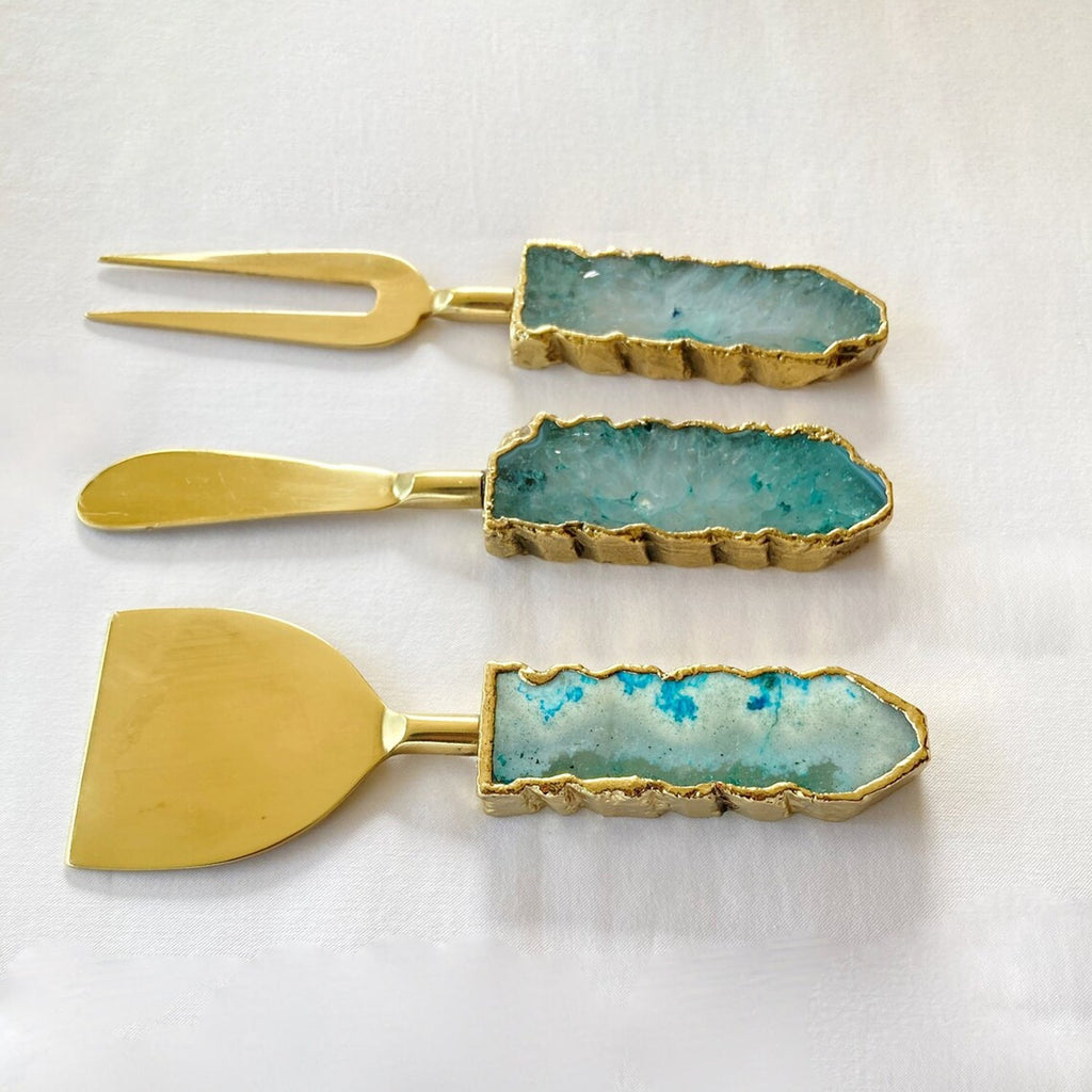 Set of 3 Aqua Agate Cheese Knives/Spreaders-1